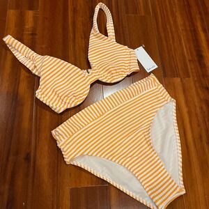 Splendid Striped Bikini Swim Set Orange White Seersucker Texture New Size Small